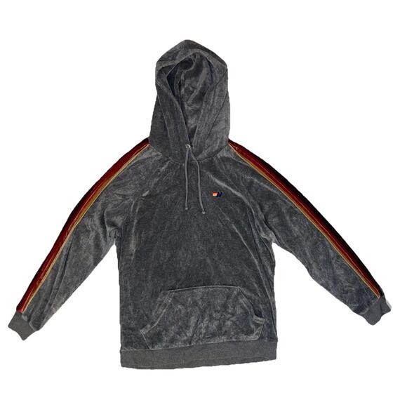 Aviator Nation Retro Lounge 5 Stripe Hoodie Gray Velvet Velour Womens Medium - Picture 1 of 5